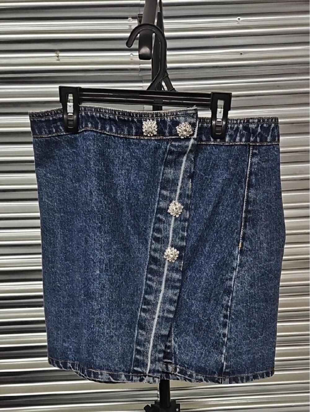 Self-Portrait Dark Blue Denim Mini Skirt with Crystal Buttons